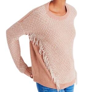Madewell Pink Beige Reverse Diamond Crew Neck Pullover Sweater Fringe Size XS